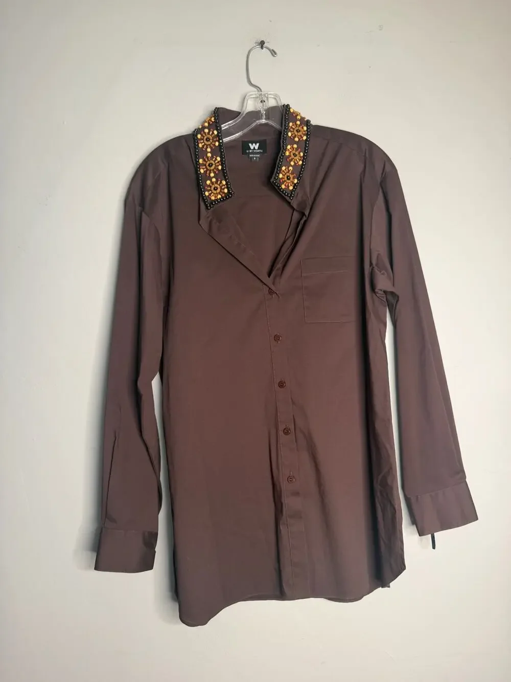 W by Worth Brown Beaded Floral Collar Blazer Jacket Small S